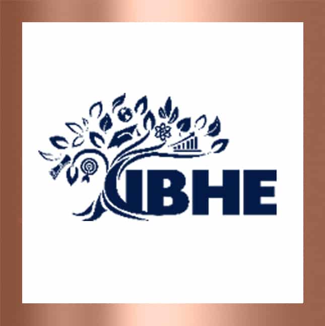 UBHE logo with floral design in blue.