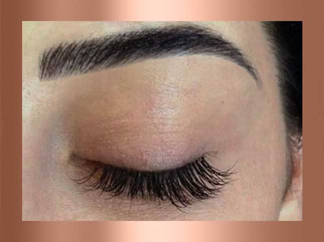 Close-up of a closed eye with well-groomed eyebrow and long eyelashes.