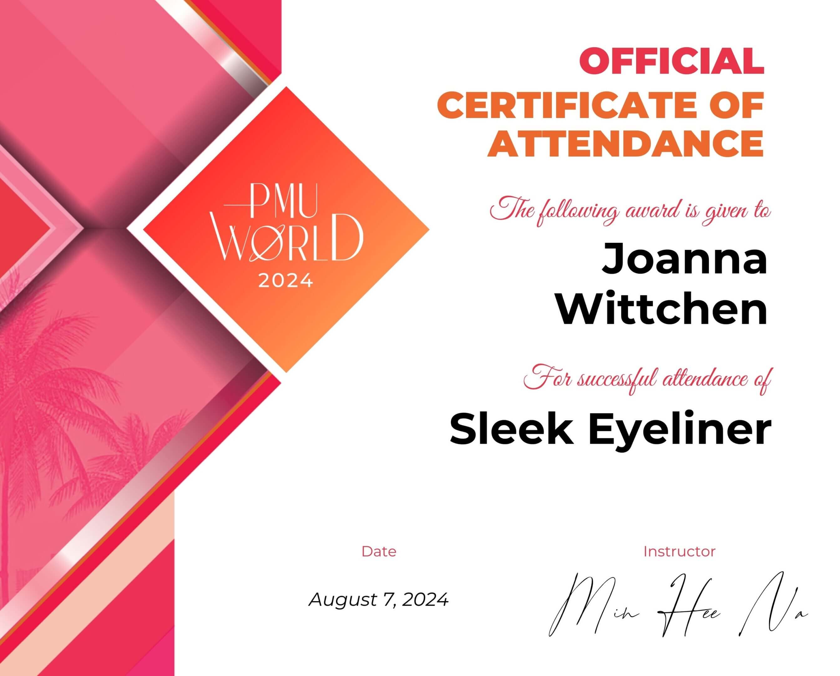 Certificate of attendance for a beauty workshop on sleek eyeliner.