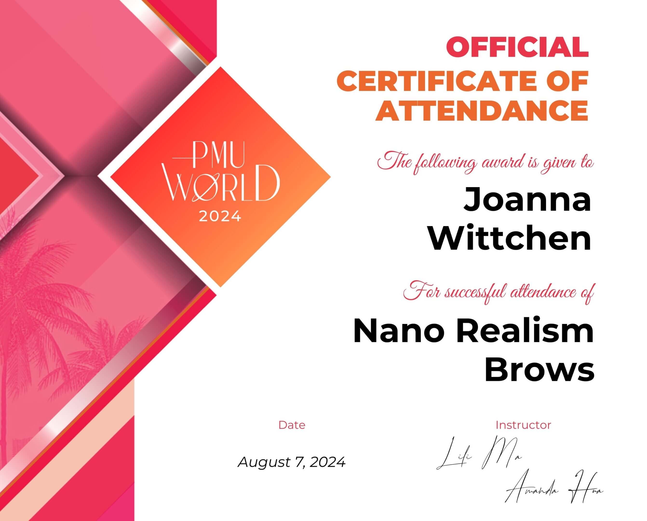 Certificate of attendance for Joanna Witcher in a Nano Realism course.