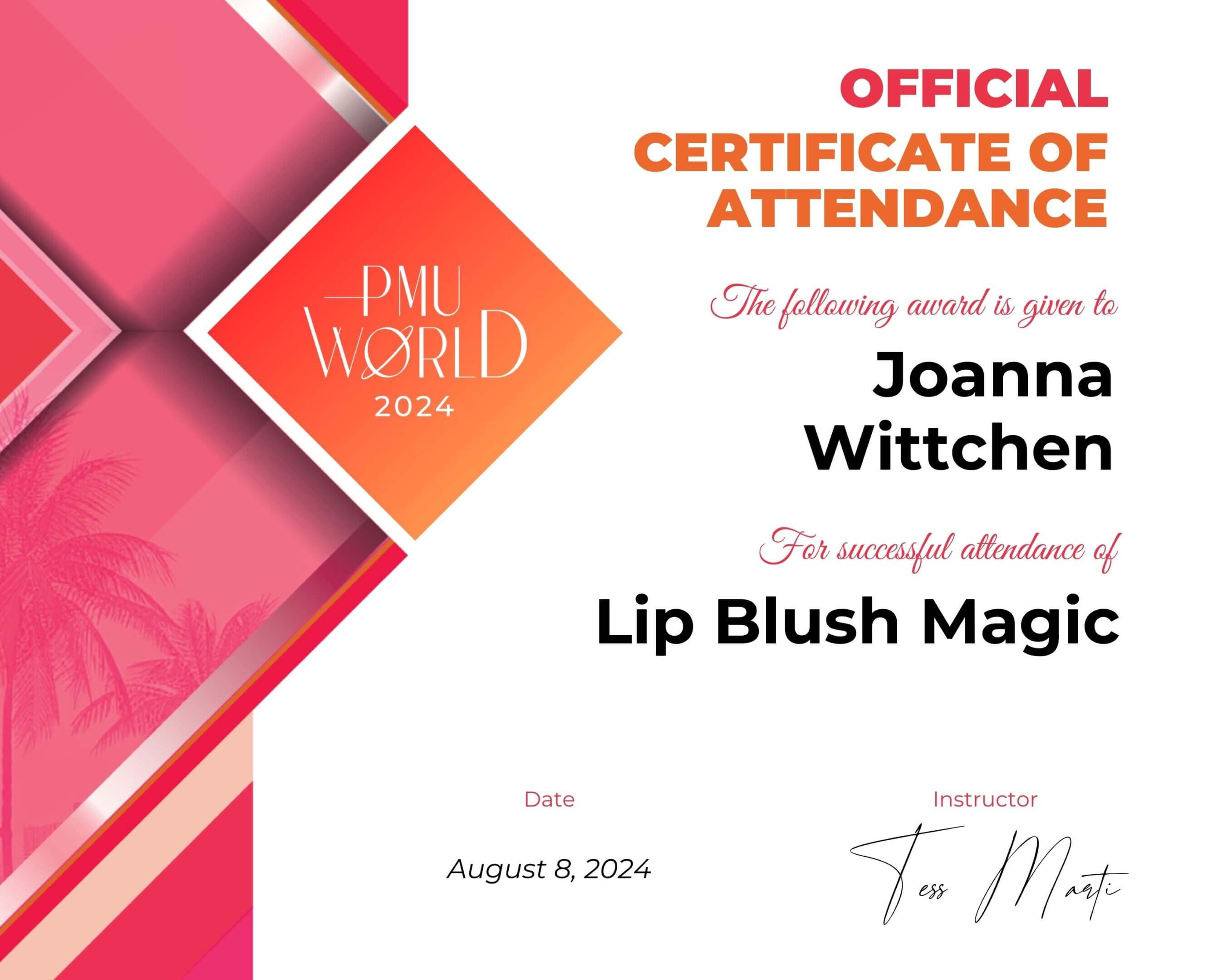Certificate of attendance for a Lip Blush Magic Masterclass.