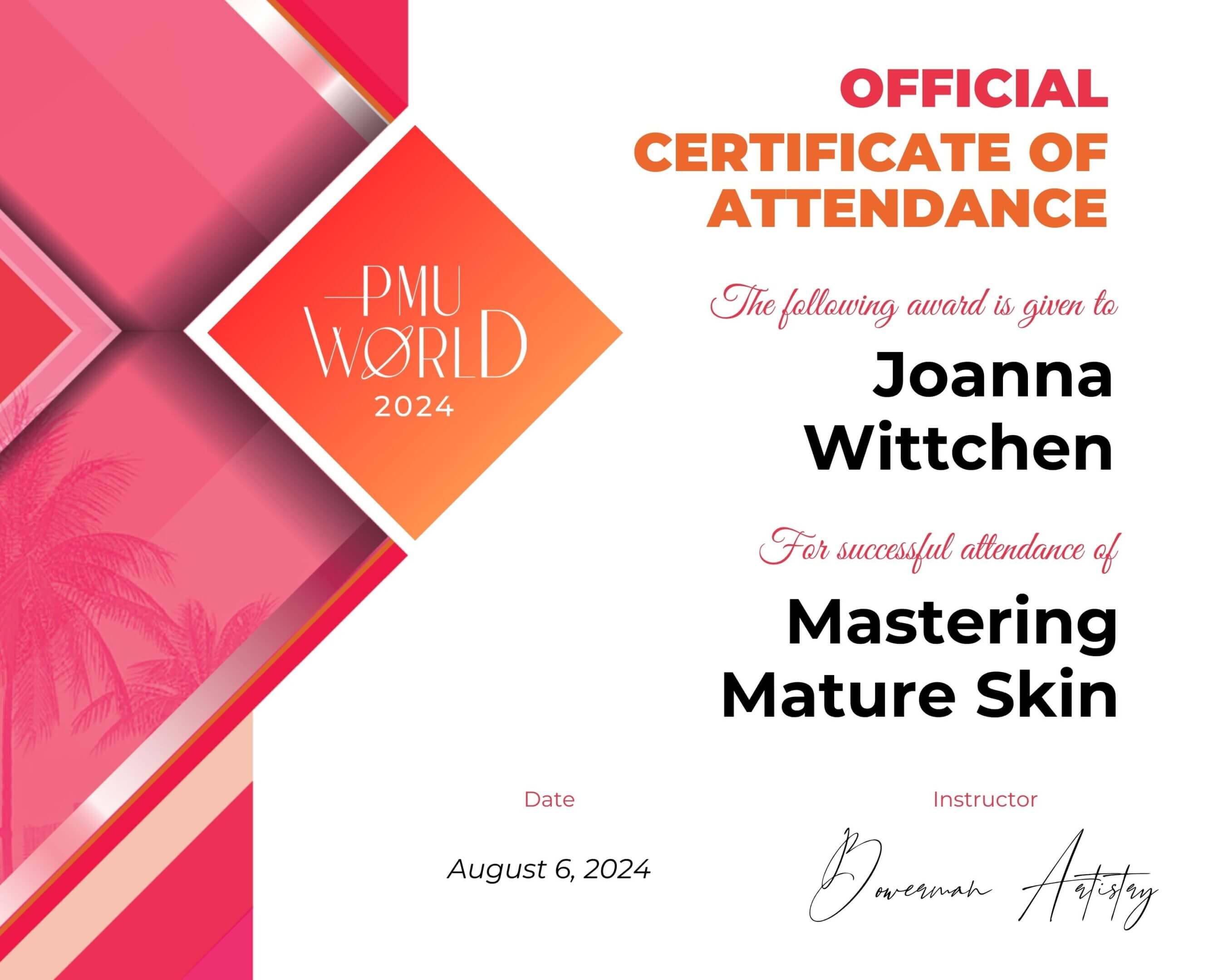 Certificate of attendance for mastering mature skin techniques in 2014.