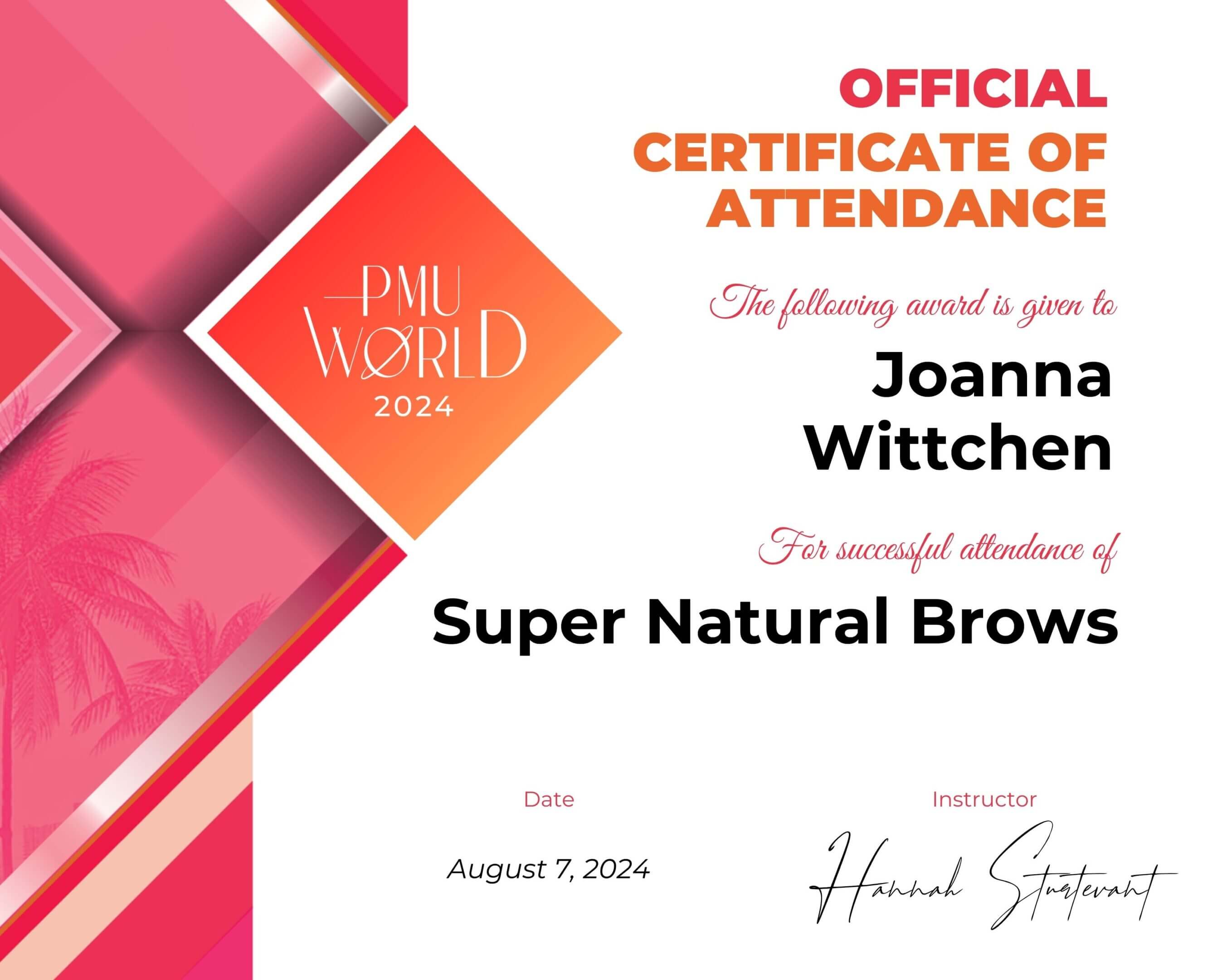 Certificate of attendance for a Super Natural Brows seminar.