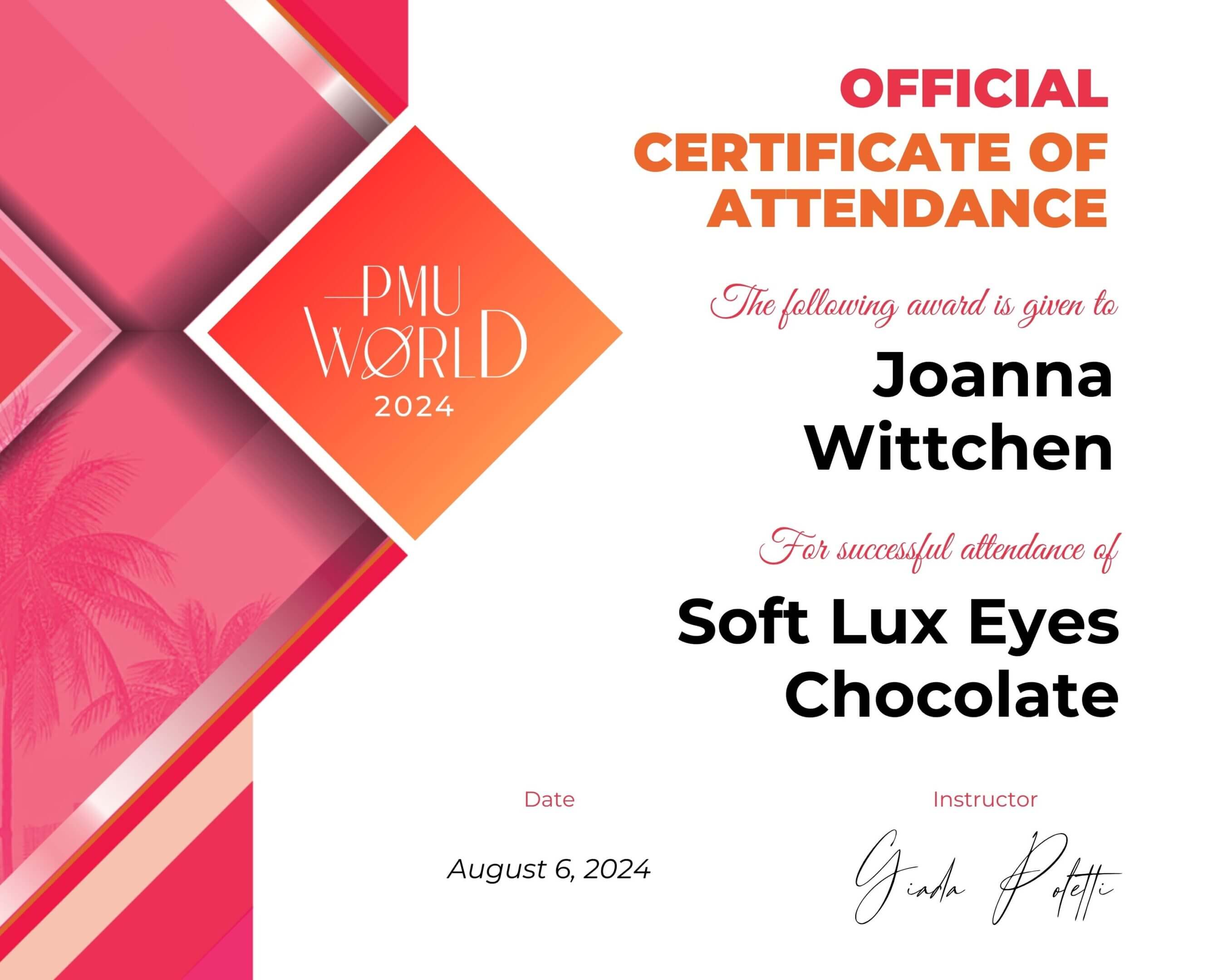 Certificate of attendance awarded to Joanna Witchcraft for Soft Lux Eye Shadow.