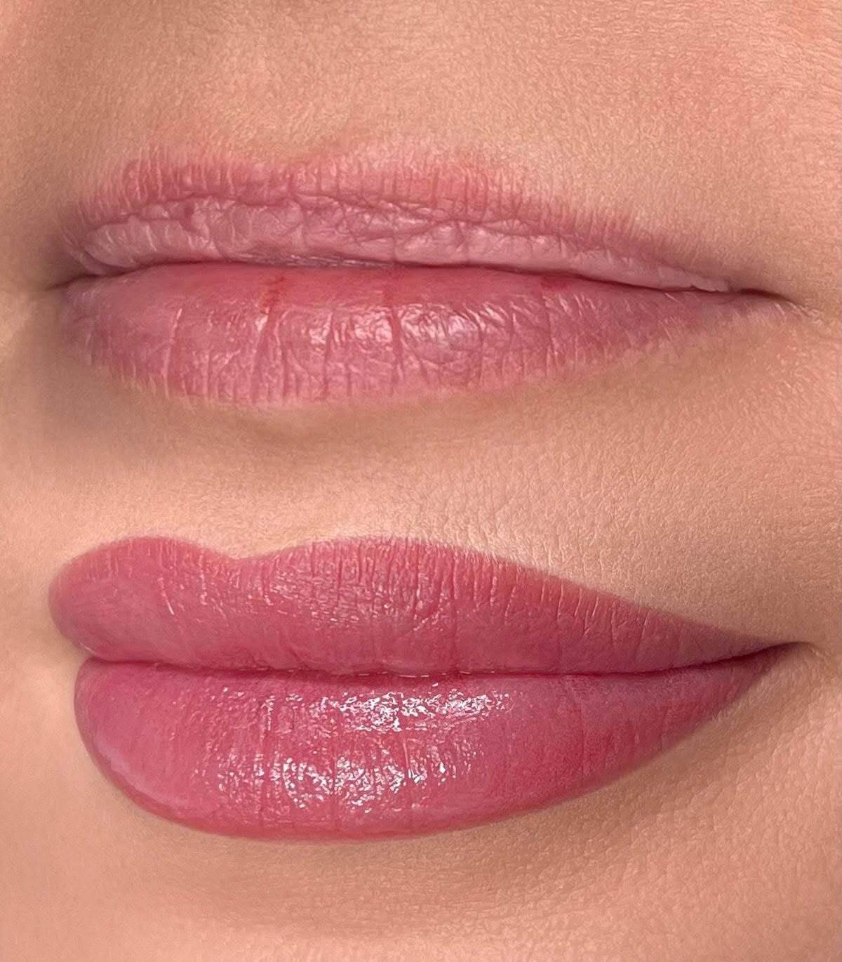 Before and after lip makeup application showing natural and enhanced lips.