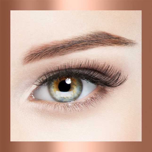 Close-up of a green eye with detailed eyelashes and eyebrow.