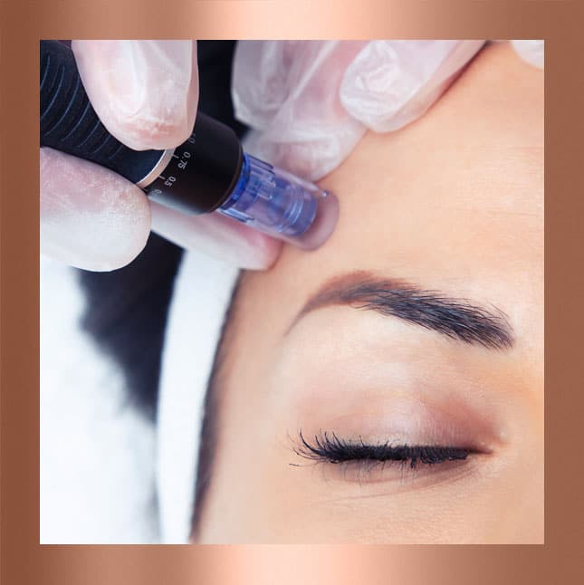 Close-up of eyebrow microblading procedure in progress.