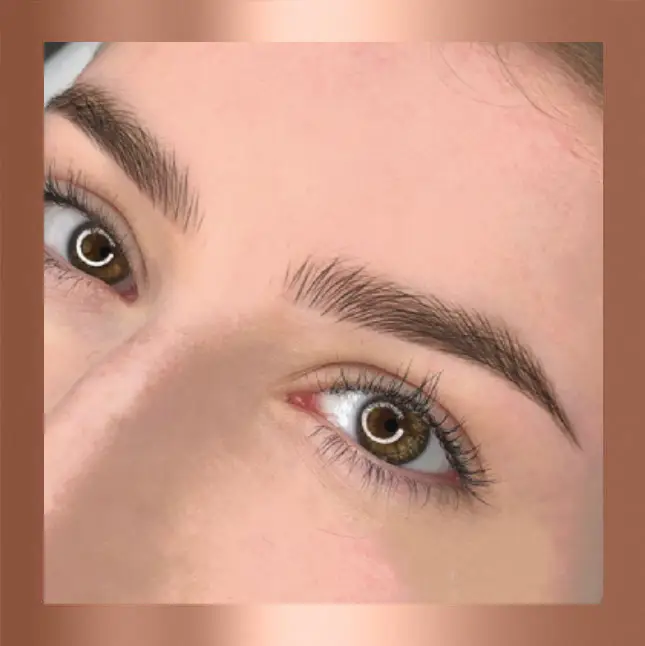 Close-up of expressive hazel eyes with well-groomed eyebrows.