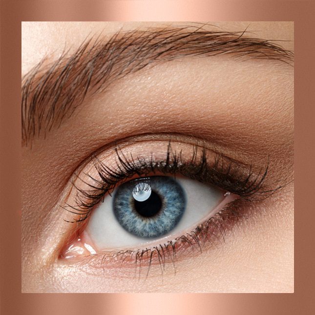 Close-up of a blue eye with detailed eyelashes and eyebrow.
